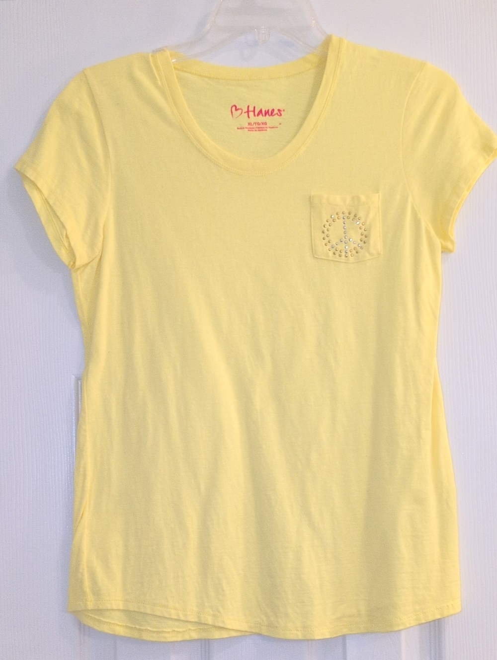 Hanes Light Yellow Short Sleeve Pocket Tee with Rhinestone Peace